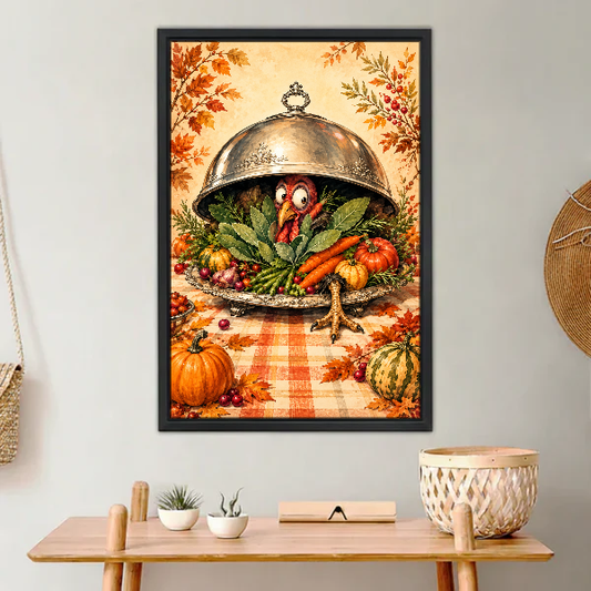 Turkey Dinner Surprise Canvas Wall Art framed above a light wood console with cacti.