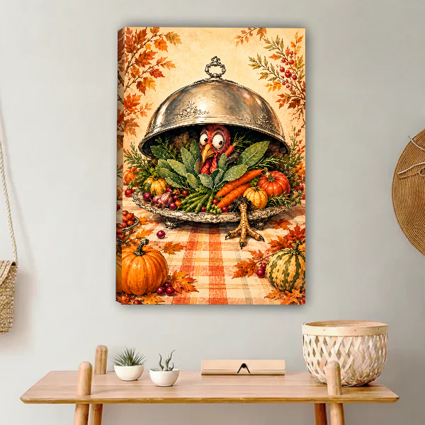 Turkey Dinner Surprise Canvas Wall Art unframed above a light wood console and woven basket.