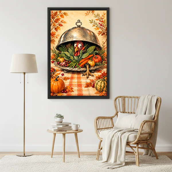 Turkey Dinner Surprise Canvas Wall Art framed beside a wicker armchair and brass floor lamp.