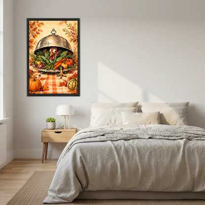 Turkey Dinner Surprise Canvas Wall Art framed above cream bedding and pale wood nightstands.