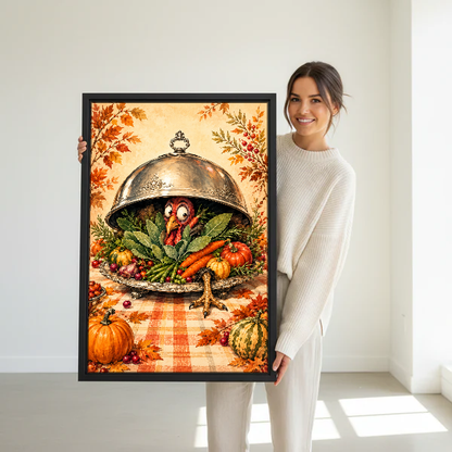 Turkey Dinner Surprise Canvas Wall Art held in a black frame by a woman in cream.