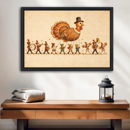 Thanksgiving Turkey Parade Canvas Wall Art framed above a wood console with lantern and folded linen.