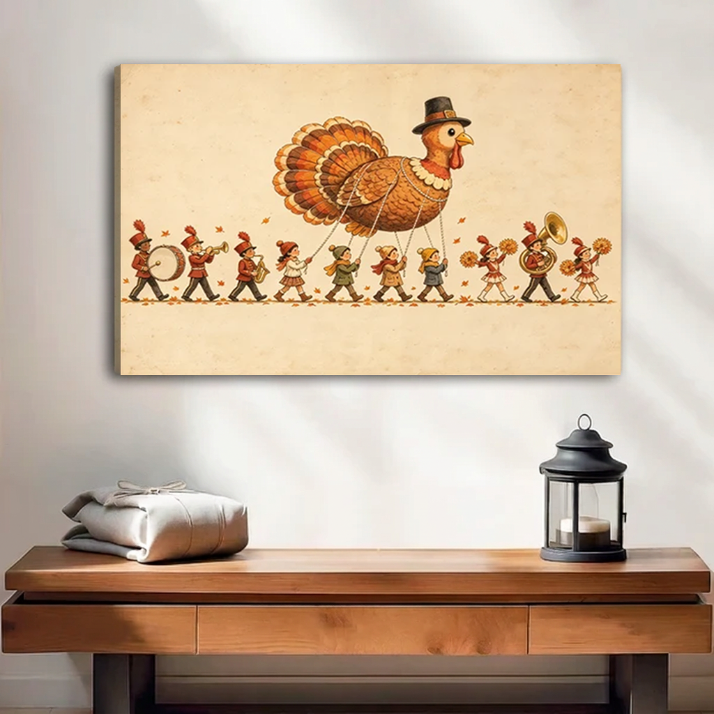 Thanksgiving Turkey Parade Canvas Wall Art unframed above a wood console with lantern and folded linen.
