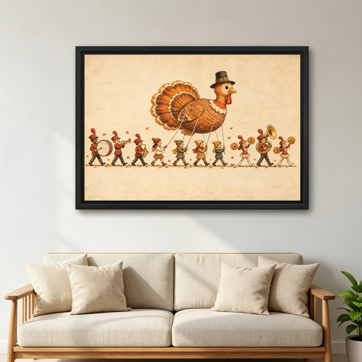 Thanksgiving Turkey Parade Canvas Wall Art framed above a cream sofa with wooden arms.