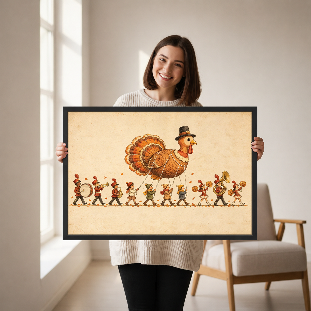Thanksgiving Turkey Parade Canvas Wall Art held by a woman in a bright neutral room.