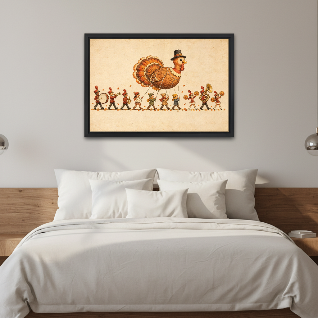 Thanksgiving Turkey Parade Canvas Wall Art framed above white bedding and wooden bedside tables.