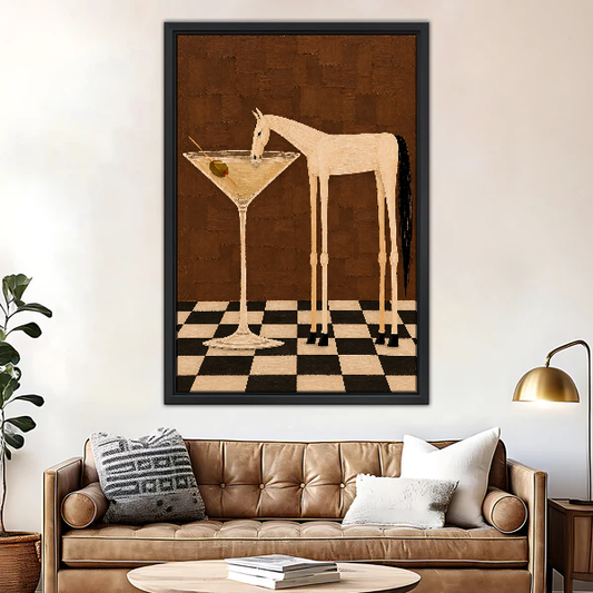 Martini Horse Moment Canvas Wall Art framed above a brown leather sofa and brass lamp.