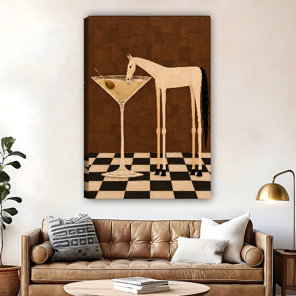 Martini Horse Moment Canvas Wall Art unframed above a brown leather sofa and brass lamp.