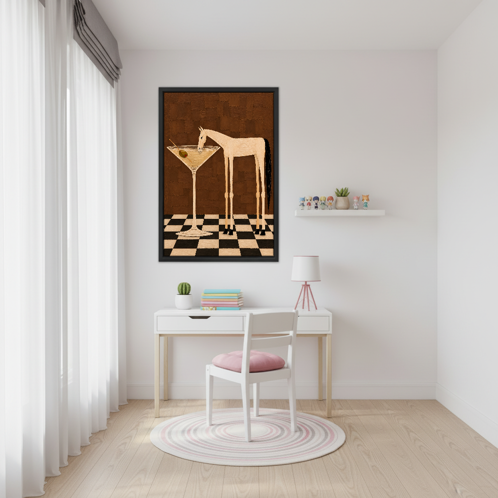 Martini Horse Moment Canvas Wall Art framed above a white desk beside a pale pink chair.