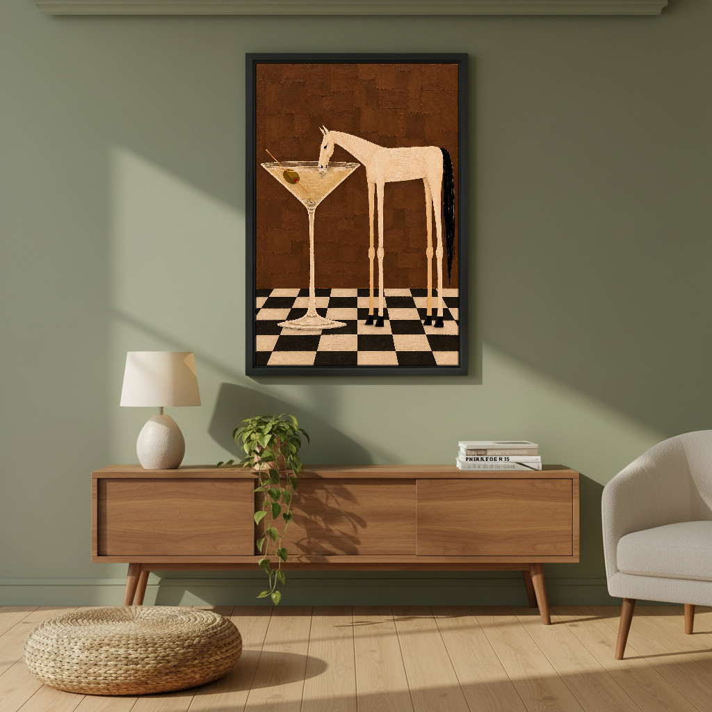 Martini Horse Moment Canvas Wall Art framed above a wood console against an olive wall.