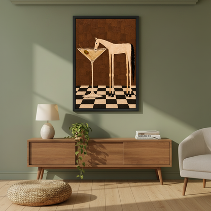 Martini Horse Moment Canvas Wall Art framed above a wood console against an olive wall.