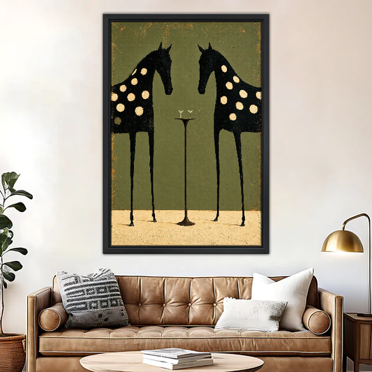 Spotted Horses Cocktail Hour Canvas Wall Art framed above a brown leather sofa and brass lamp.
