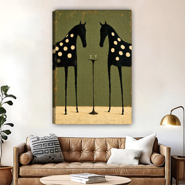 Spotted Horses Cocktail Hour Canvas Wall Art unframed above a brown leather sofa and brass lamp.