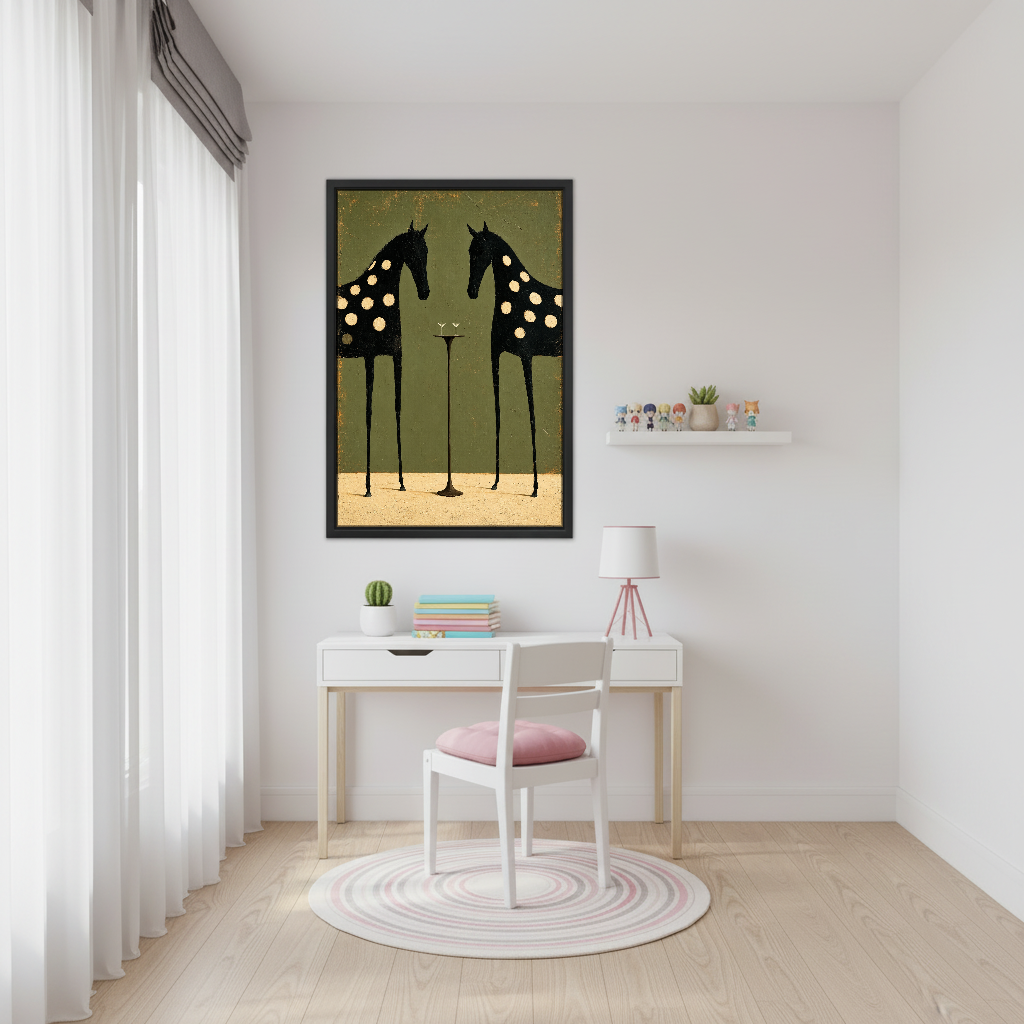 Spotted Horses Cocktail Hour Canvas Wall Art framed above a white desk beside a pale pink chair.
