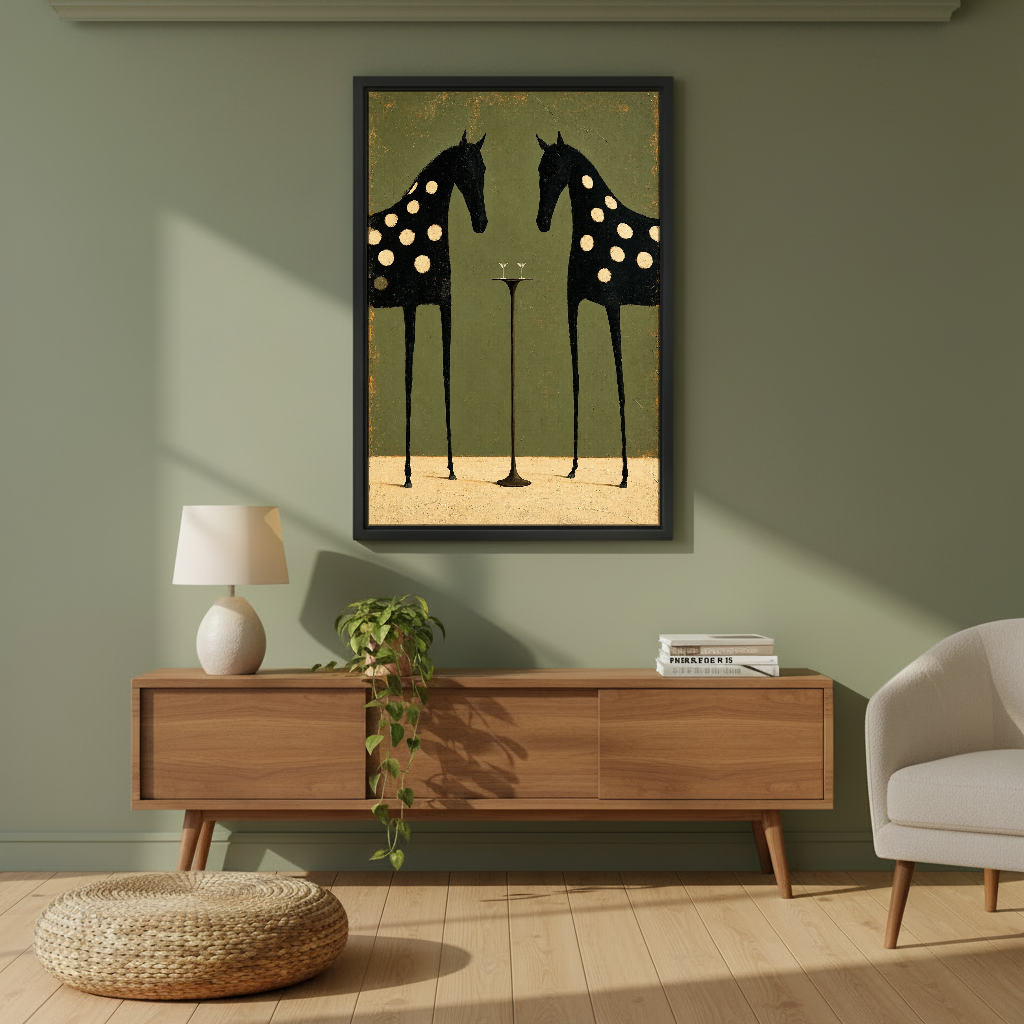 Spotted Horses Cocktail Hour Canvas Wall Art framed above a wood console against an olive wall.