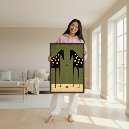 Spotted Horses Cocktail Hour Canvas Wall Art held in a black frame by a woman in pink.