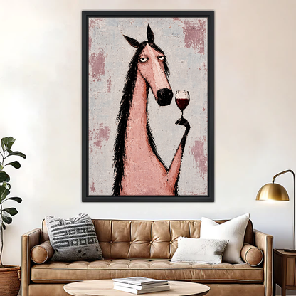 Pink Horse Wine Break Canvas Wall Art framed above a brown leather sofa and brass lamp.