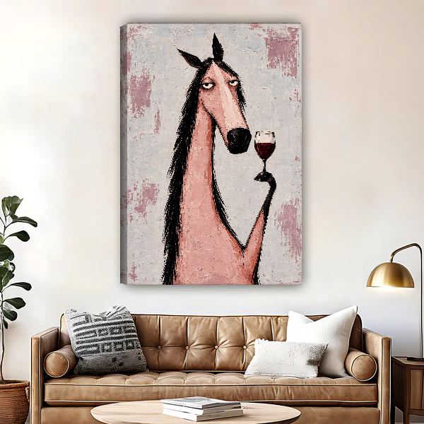 Pink Horse Wine Break Canvas Wall Art unframed above a brown leather sofa and brass lamp.