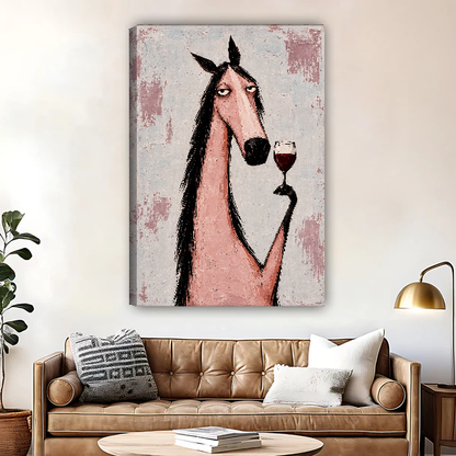 Pink Horse Wine Break Canvas Wall Art unframed above a brown leather sofa and brass lamp.