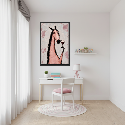Pink Horse Wine Break Canvas Wall Art framed above a white desk beside a pale pink chair.