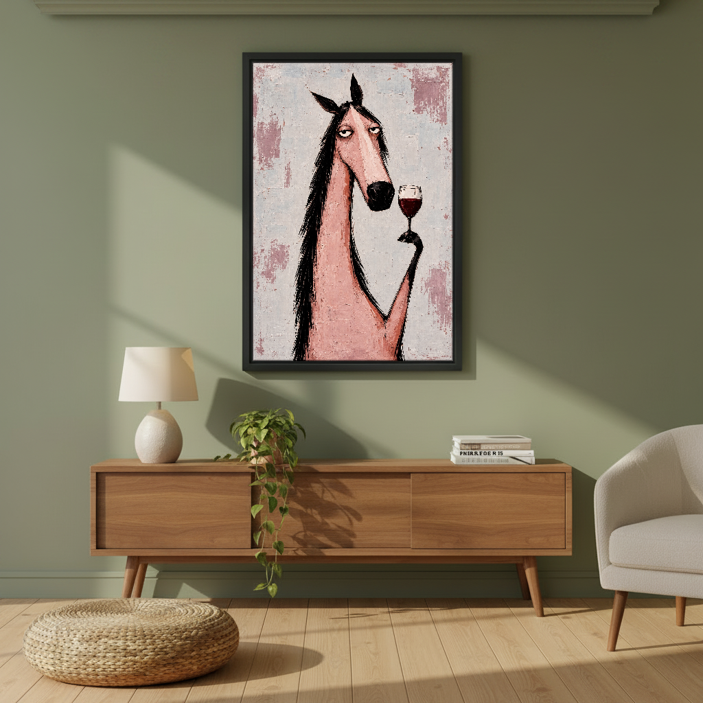 Pink Horse Wine Break Canvas Wall Art framed above a wood console against an olive wall.
