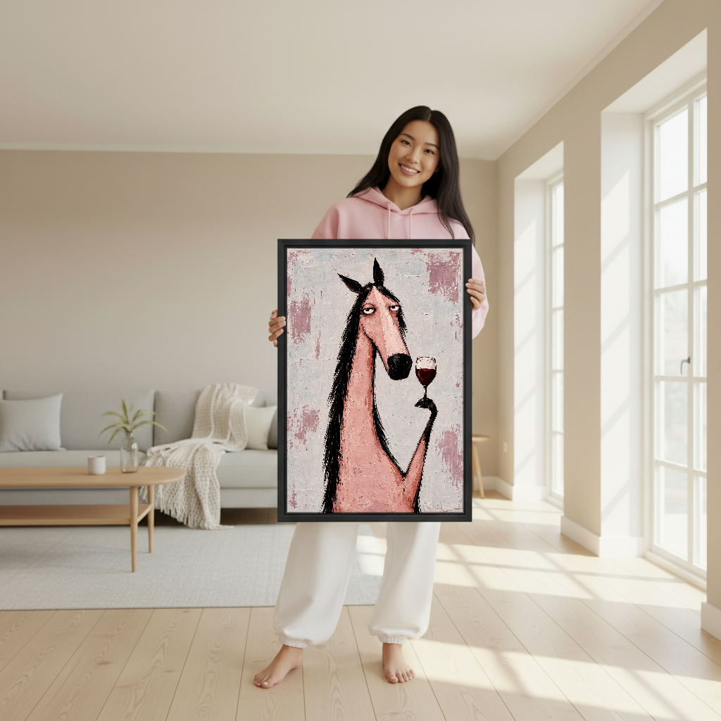 Pink Horse Wine Break Canvas Wall Art held in a black frame by a woman in pink.