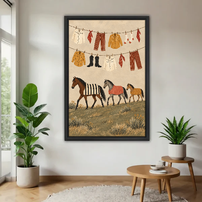 Country Horses Laundry Day Canvas Wall Art framed above a pale wood table beside green plants.