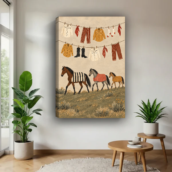 Country Horses Laundry Day Canvas Wall Art unframed above a pale wood table beside green plants.