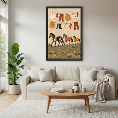 Country Horses Laundry Day Canvas Wall Art framed above a cream sofa and round wood table.