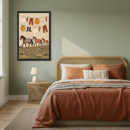 Country Horses Laundry Day Canvas Wall Art framed above rust bedding against a muted olive wall.