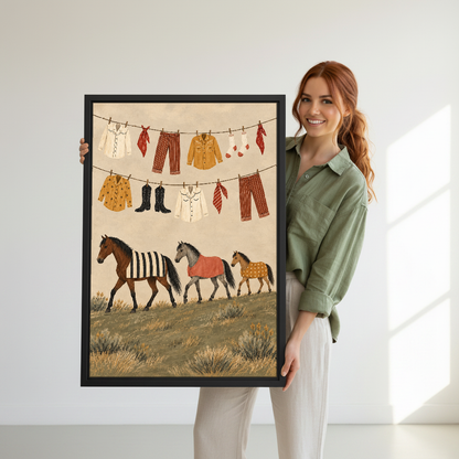 Country Horses Laundry Day Canvas Wall Art held in a black frame by a woman in green.