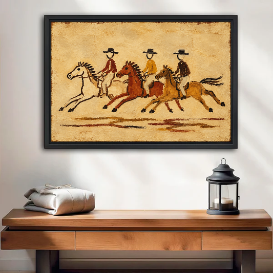 Three Galloping Cowboy Riders Canvas Wall Art framed above a wood console with lantern and folded linen.