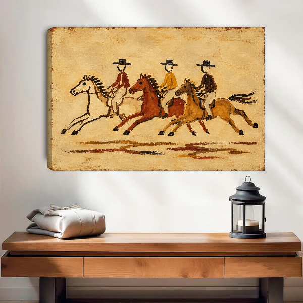 Three Galloping Cowboy Riders Canvas Wall Art unframed above a wood console with lantern and folded linen.