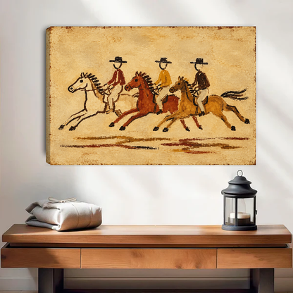 Three Galloping Cowboy Riders Canvas Wall Art unframed above a wood console with lantern and folded linen.