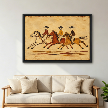 Three Galloping Cowboy Riders Canvas Wall Art framed above a cream sofa with wooden arms.