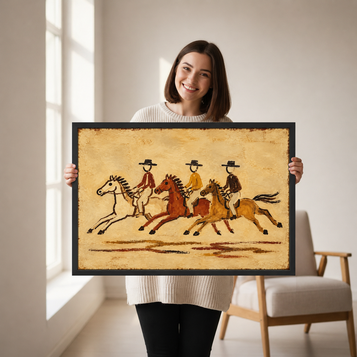 Three Galloping Cowboy Riders Canvas Wall Art held by a woman in a bright neutral room.