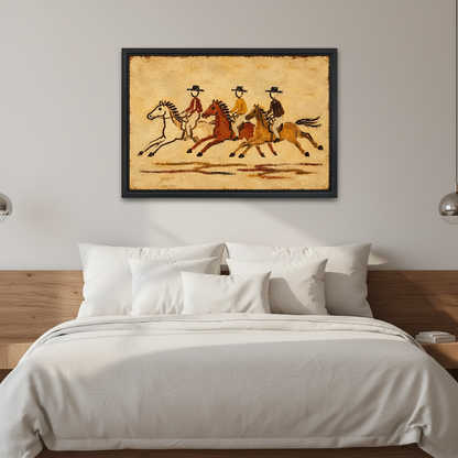 Three Galloping Cowboy Riders Canvas Wall Art framed above white bedding and wooden bedside tables.