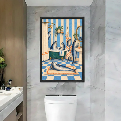 Busy Fish Bathroom Canvas Wall Art framed above a toilet against gray marble bathroom walls.