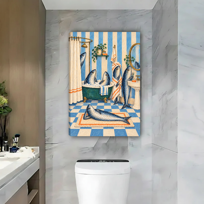 Busy Fish Bathroom Canvas Wall Art unframed above a toilet against gray marble bathroom walls.