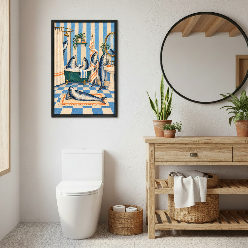 Busy Fish Bathroom Canvas Wall Art framed above a toilet beside wood vanity and round mirror.