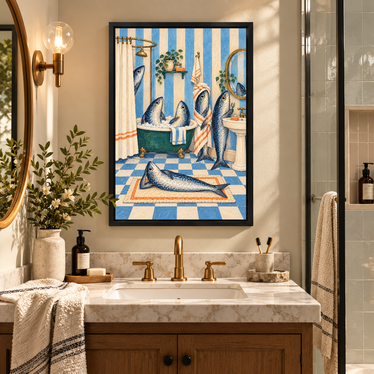 Busy Fish Bathroom Canvas Wall Art framed above a warm bathroom vanity between wall lights.