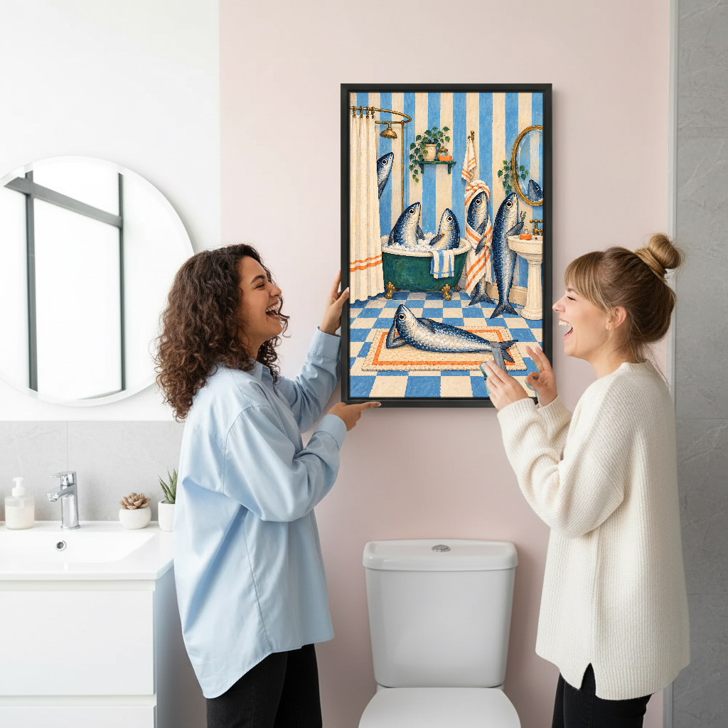 Busy Fish Bathroom Canvas Wall Art held by two women beside a bathroom mirror and toilet.