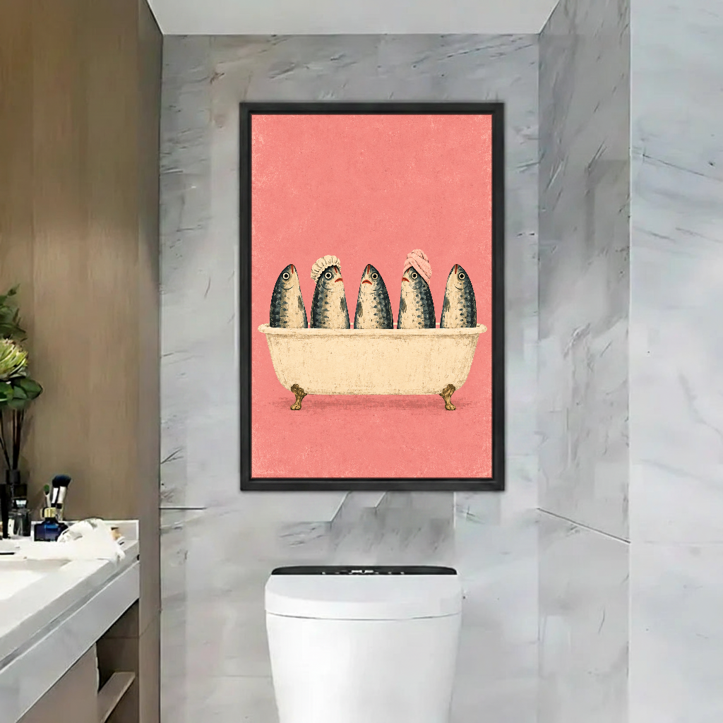 Five Fish Bath Time Canvas Wall Art framed above a toilet against gray marble bathroom walls.