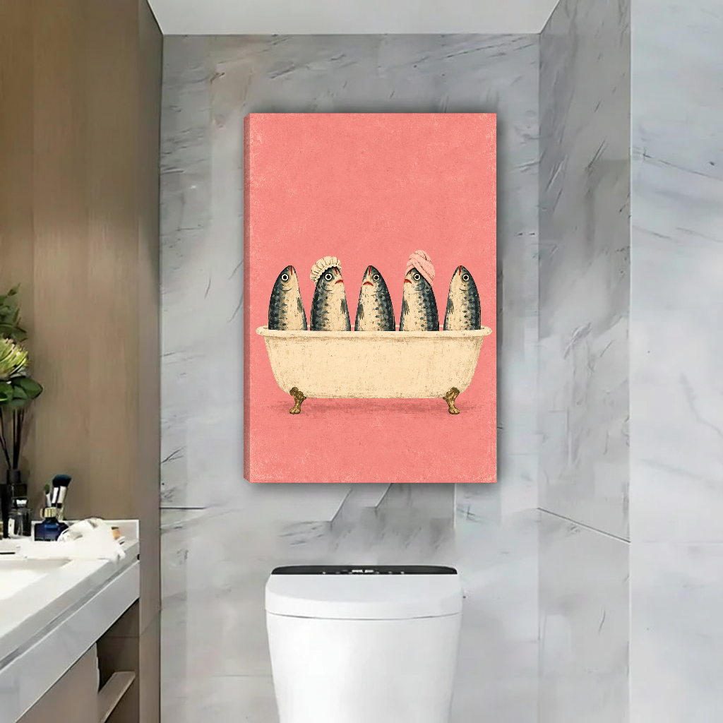 Five Fish Bath Time Canvas Wall Art unframed above a toilet against gray marble bathroom walls.