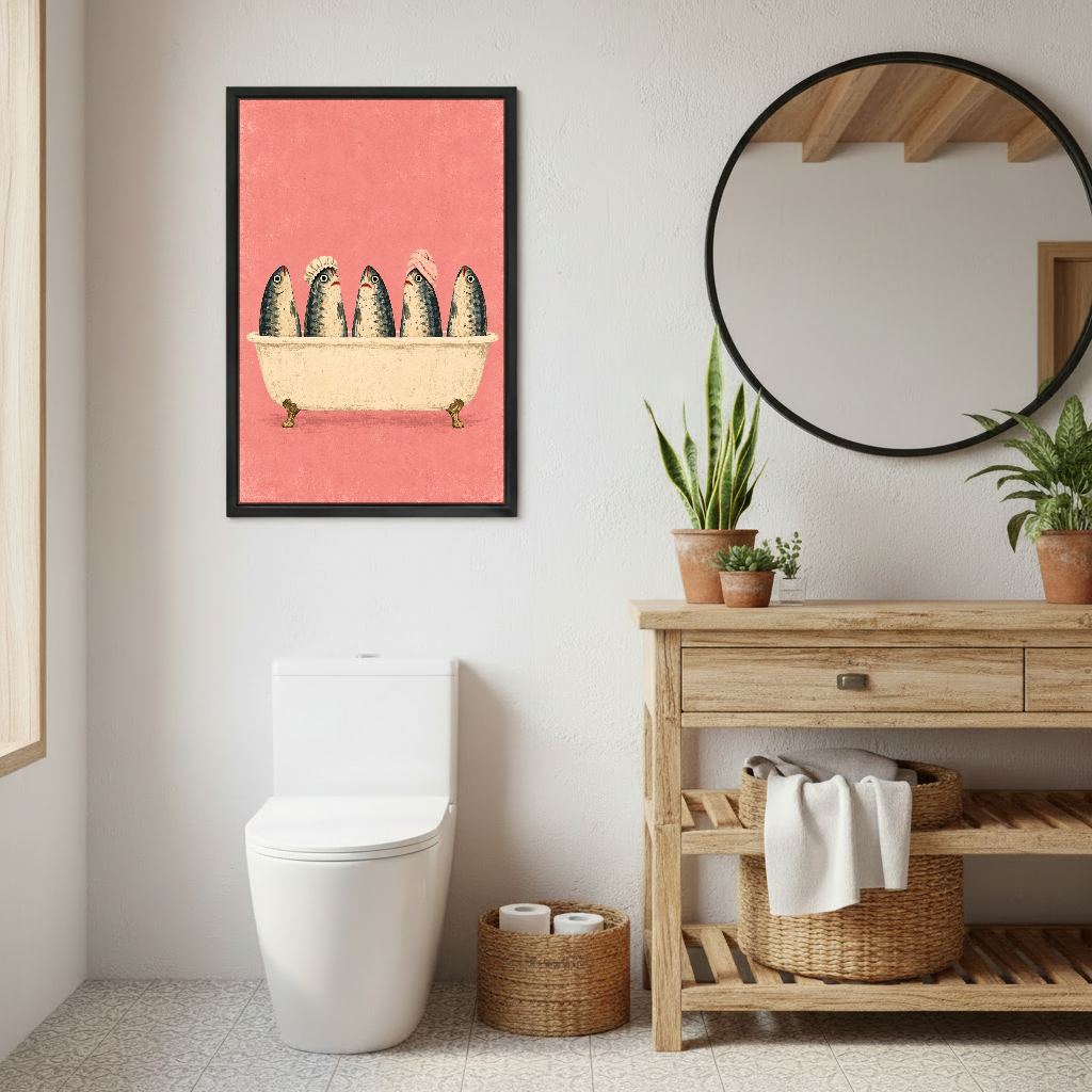 Five Fish Bath Time Canvas Wall Art framed above a toilet beside wood vanity and round mirror.