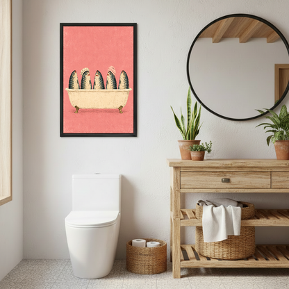 Five Fish Bath Time Canvas Wall Art framed above a toilet beside wood vanity and round mirror.