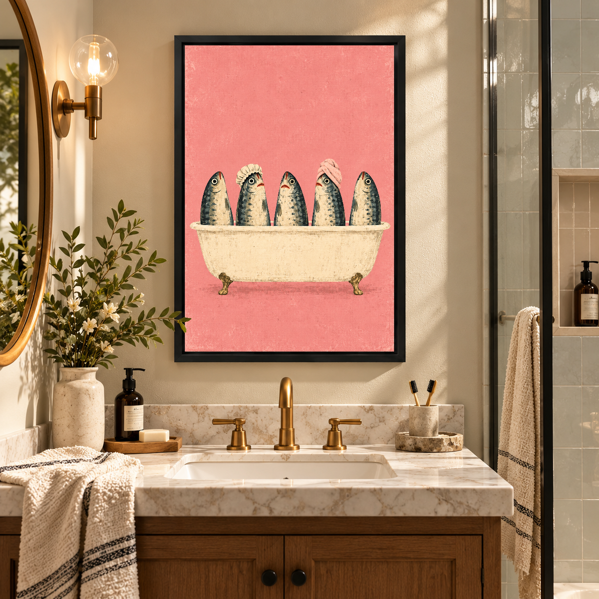 Five Fish Bath Time Canvas Wall Art framed above a warm bathroom vanity between wall lights.