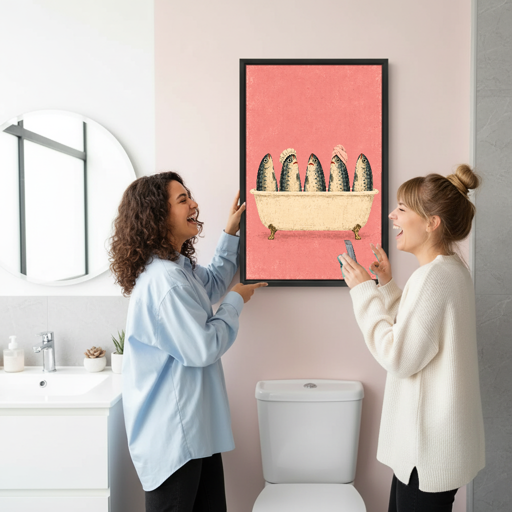Five Fish Bath Time Canvas Wall Art held by two women beside a bathroom mirror and toilet.