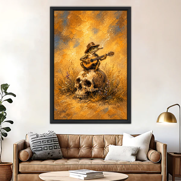 Cowboy Frog Guitar Serenade Canvas Wall Art framed above a brown leather sofa and brass lamp.