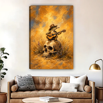 Cowboy Frog Guitar Serenade Canvas Wall Art unframed above a brown leather sofa and brass lamp.